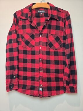 Real Work Flannel Women's Medium Red Black 90s Plaid Long Sleeve Button Down